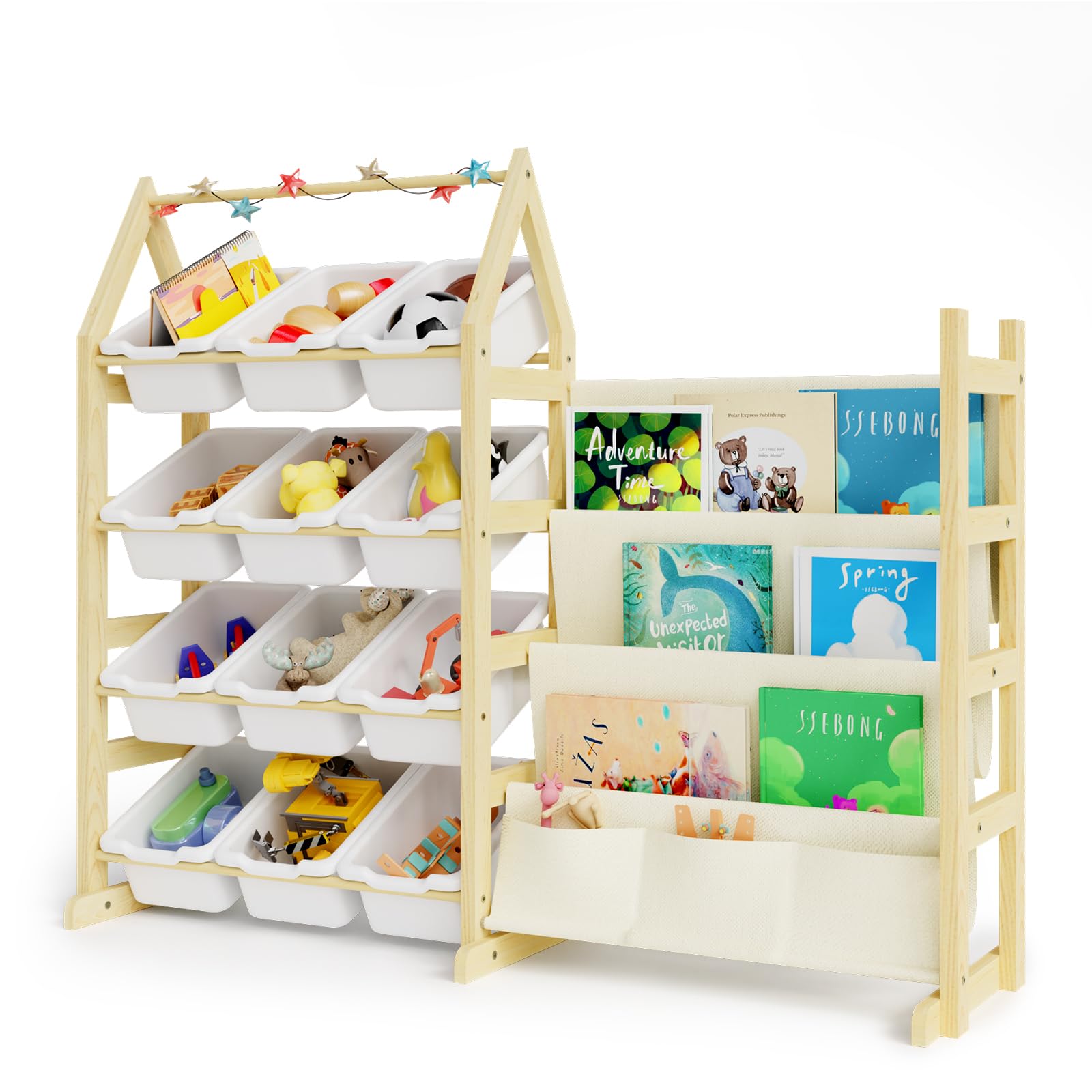 Oenalw Wooden Toy Storage Organizer Kids Bookshelf, with 12 Toy Organizer Bins, Child Book Shelf for Kids Rooms, Nursery, Baby Room, Playroom, Montessori Toys Storage Organizers Rack Bookcase Shelves