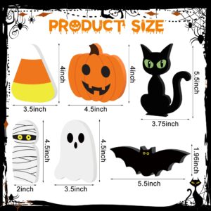 6 Pcs Halloween Wooden Decor Halloween Tiered Tray Decorations Pumpkin Ghost Bat Black Cat Mummy Candy Corn Table Signs Rustic Farmhouse Table Centerpiece for Halloween Party Home Shelf Decor