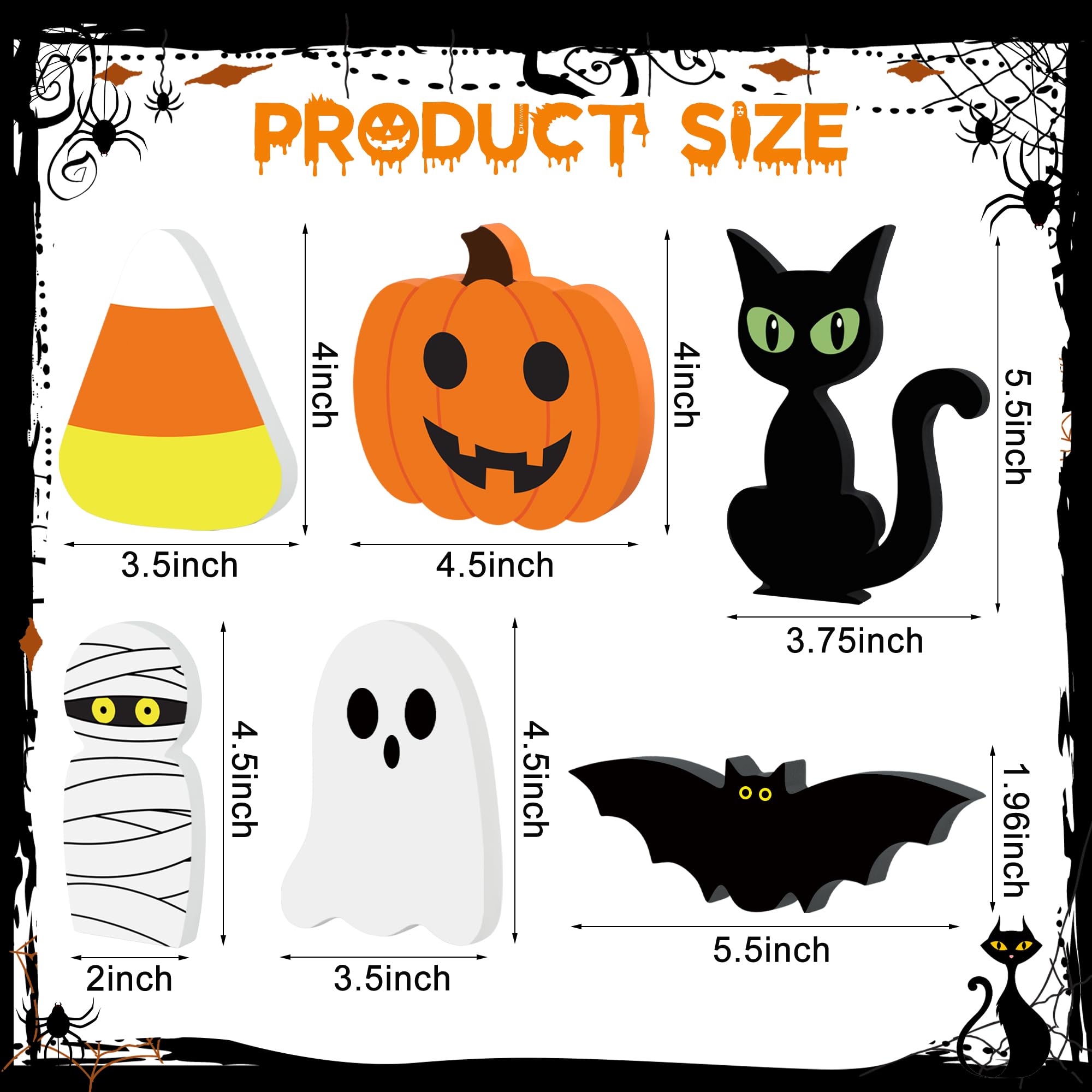 6 Pcs Halloween Wooden Decor Halloween Tiered Tray Decorations Pumpkin Ghost Bat Black Cat Mummy Candy Corn Table Signs Rustic Farmhouse Table Centerpiece for Halloween Party Home Shelf Decor