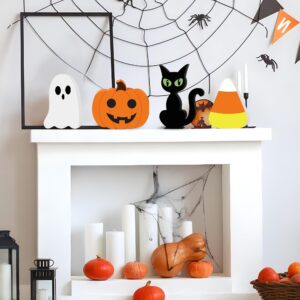 6 Pcs Halloween Wooden Decor Halloween Tiered Tray Decorations Pumpkin Ghost Bat Black Cat Mummy Candy Corn Table Signs Rustic Farmhouse Table Centerpiece for Halloween Party Home Shelf Decor