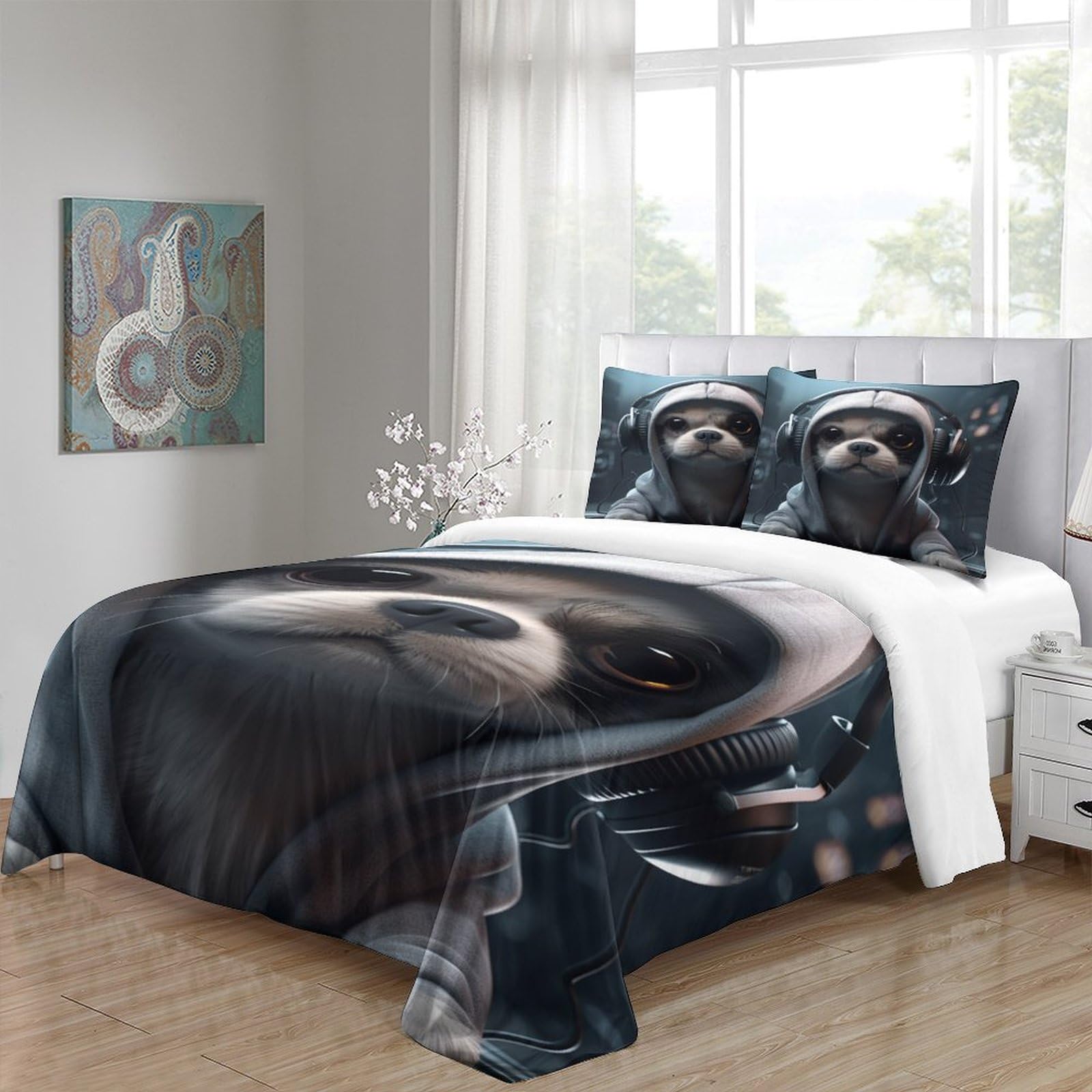 NACHO YAFA Cute DJ Dog Quilt Cover Bedding Set 3D Printed Duvet Cover Comforter Covers with Pillowcases 3 Pieces for Childrens and Adults Microfiber with Zipper Closure Full（203x228cm）