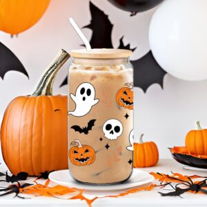 WECACYD Halloween Pumpkin Ghost Skull Cups - 16 oz Pumpkins Fall Cup Mug, Tumbler Glass Cups with Lids Straws, Spooky Cups for Iced Coffee, Goth Spooky Gifts for Her, Halloween Gifts for Women