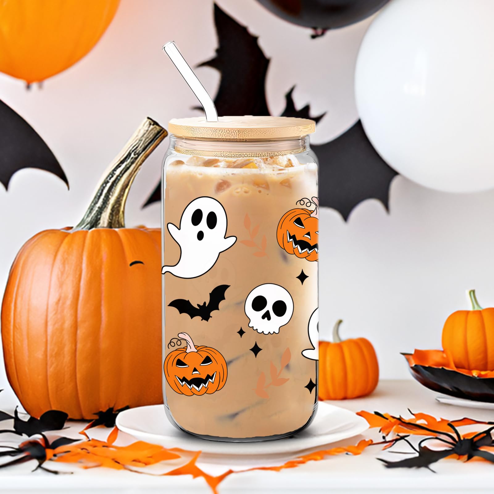 WECACYD Halloween Pumpkin Ghost Skull Cups - 16 oz Pumpkins Fall Cup Mug, Tumbler Glass Cups with Lids Straws, Spooky Cups for Iced Coffee, Goth Spooky Gifts for Her, Halloween Gifts for Women