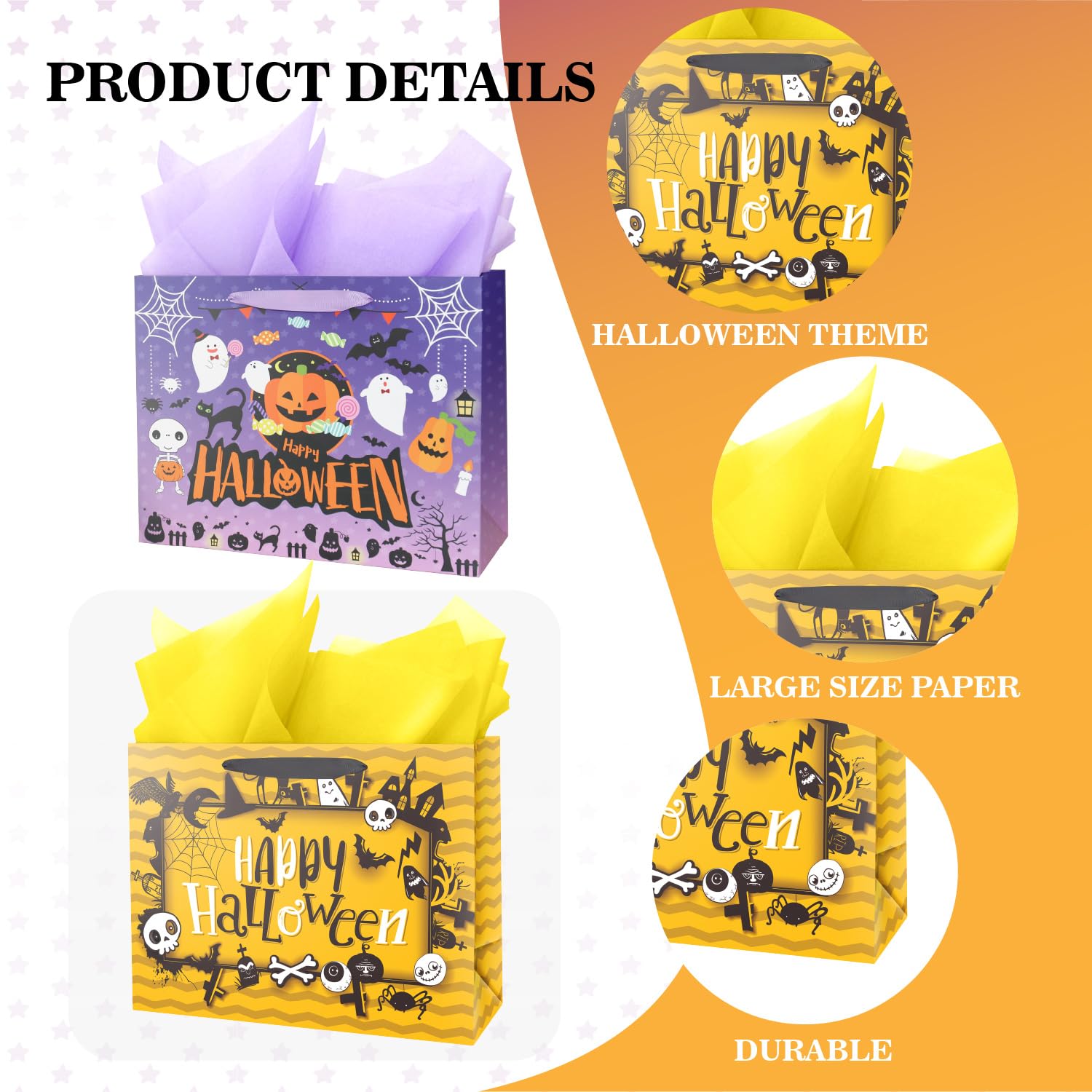 Ranfashiong 13" Halloween Large Gift Bag with Card and Tissue Paper Pumpkin Design Trick or Treat Party - Purple yellow 2Pcs