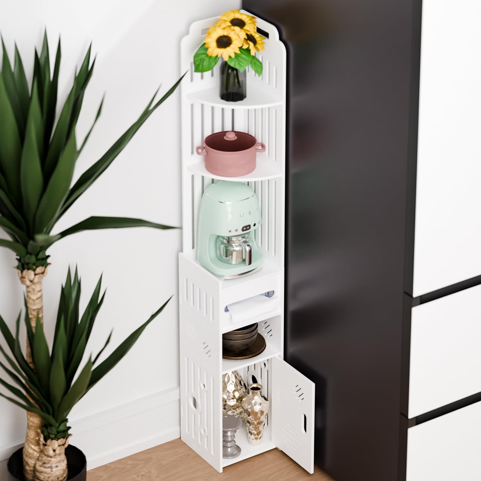 cadciehe Bathroom Cabinet, Small Bathroom Storage Cabinet, Over The Toilet Storage Cabinet for Skinny Bathroom Corner Floor, Narrow Bathroom Cabinet with Paper Dispenser, Trash Can & Shelves White