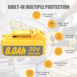 JUNWOOD 2Pack 8.0Ah MAX Lithium Replacement for Dewalt 20V Battery with 20 Volt Dual Port Battery Charger DCB200 DCB201 DCB204 DCB206 DCB207 DCD/DCF/DCG XR Series