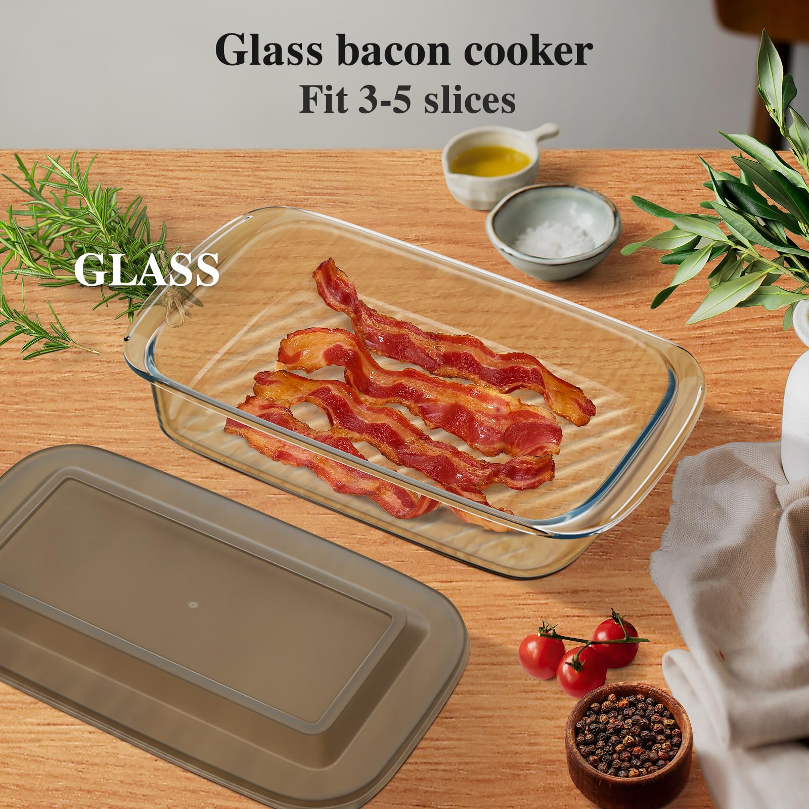 Microwave Bacon Cooker with Cover，Glass Airtight Bacon Container Keep for Refrigerator BPA Free Dishwasher and Microwave Oven Safe Refrigerator Organizers and Storage for Cheese lunchmeat Pizza Cooker