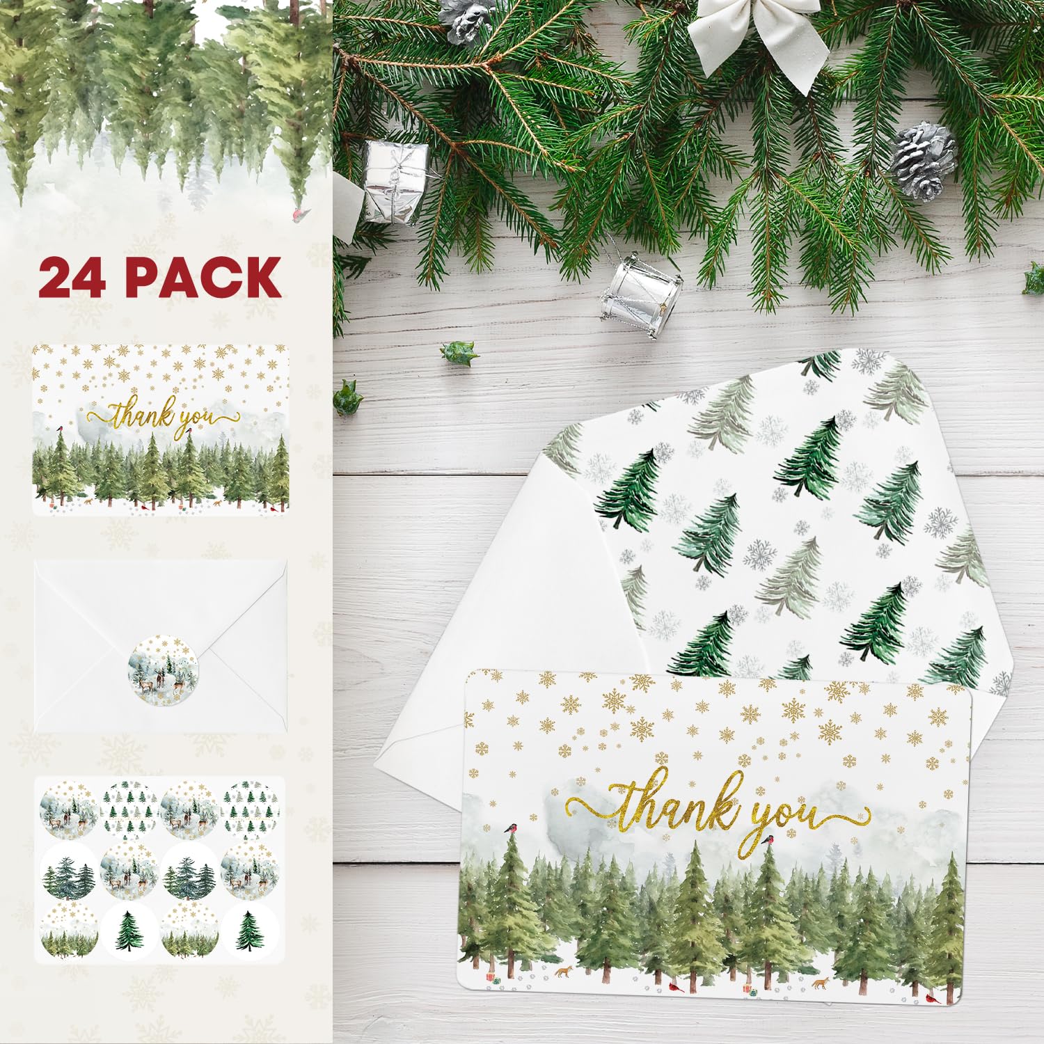 Artoid Mode 24 Pack Merry Christmas Thank You Cards Bird Xmas Tree Greeting Cards Gift With Envelope Sticker Blank Note Cards for Birthday Wedding Baby Shower Bridal Shower, 4 x 6 Inch