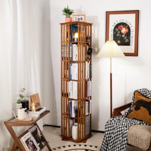 YOWOS Rotating Bookshelf Tower, 360 Display Spinning Bookshelf, Bamboo Bookshelf Floor Standing Storage Rack, Wood Narrow Book Shelf Organizer for Kids&Adults, Walnut 6 Tier