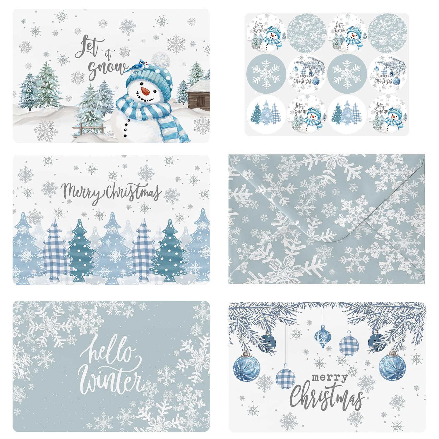 Artoid Mode 36 Pack Merry Christmas Thank You Cards Snowflake Snowman Xmas Tree Greeting Cards Gift With Envelope Sticker Blank Note Cards for Birthday Wedding Baby Shower Bridal Shower, 4 x 6 Inch