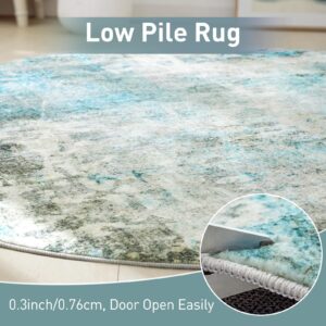 Asrug Large Teal Round Rug 6ft, Abstract Circle Rugs for Living Room Non-Slip Machine Washable Round Area Rug for Kitchen Bedroom Nursery Dining Room, Modern Soft Throw Floor Carpet Low Pile