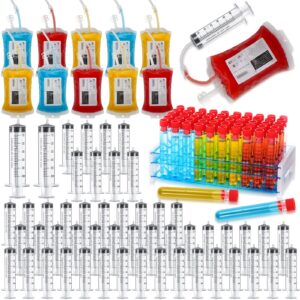 xuhal halloween blood drink bags sets includes 50pcs 16x100mm plastic test tube with caps and holder 50pcs 2oz jelly syringes shot 10pcs blood drink pouches with 10 label and clip for nurse party