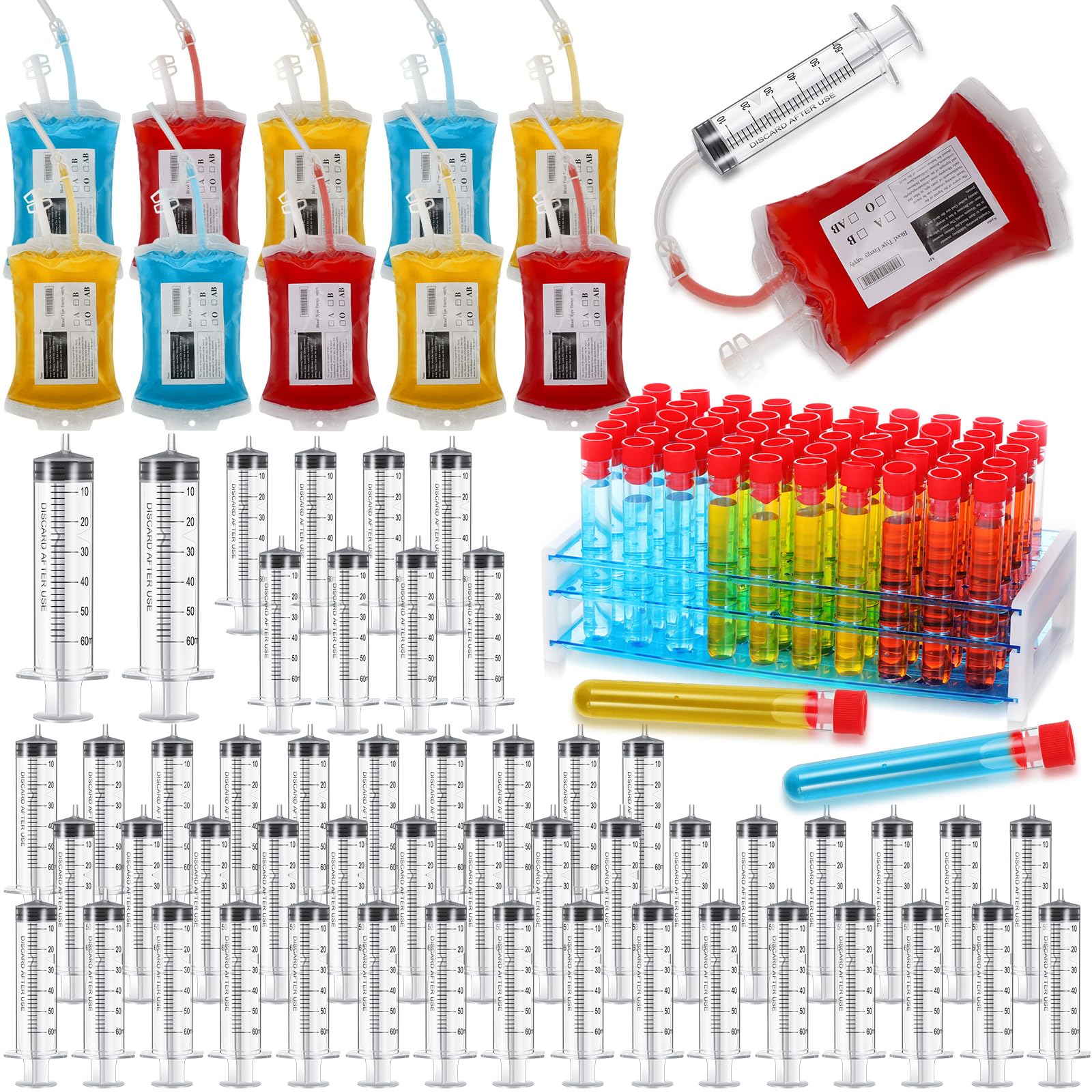 Xuhal Halloween Blood Drink Bags Sets Includes 50pcs 16x100mm Plastic Test Tube with Caps and Holder 50pcs 2oz Jelly Syringes Shot 10pcs Blood Drink Pouches with 10 label and Clip for Nurse Party