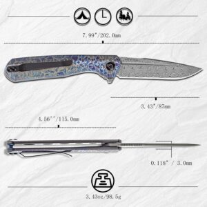 KANSEPT Qilin Pocket Folding Knives for Men EDC Camping Knife 3.24'' Damascus Blade with Titanium with Lightning Strike Finish Handle K1047A3