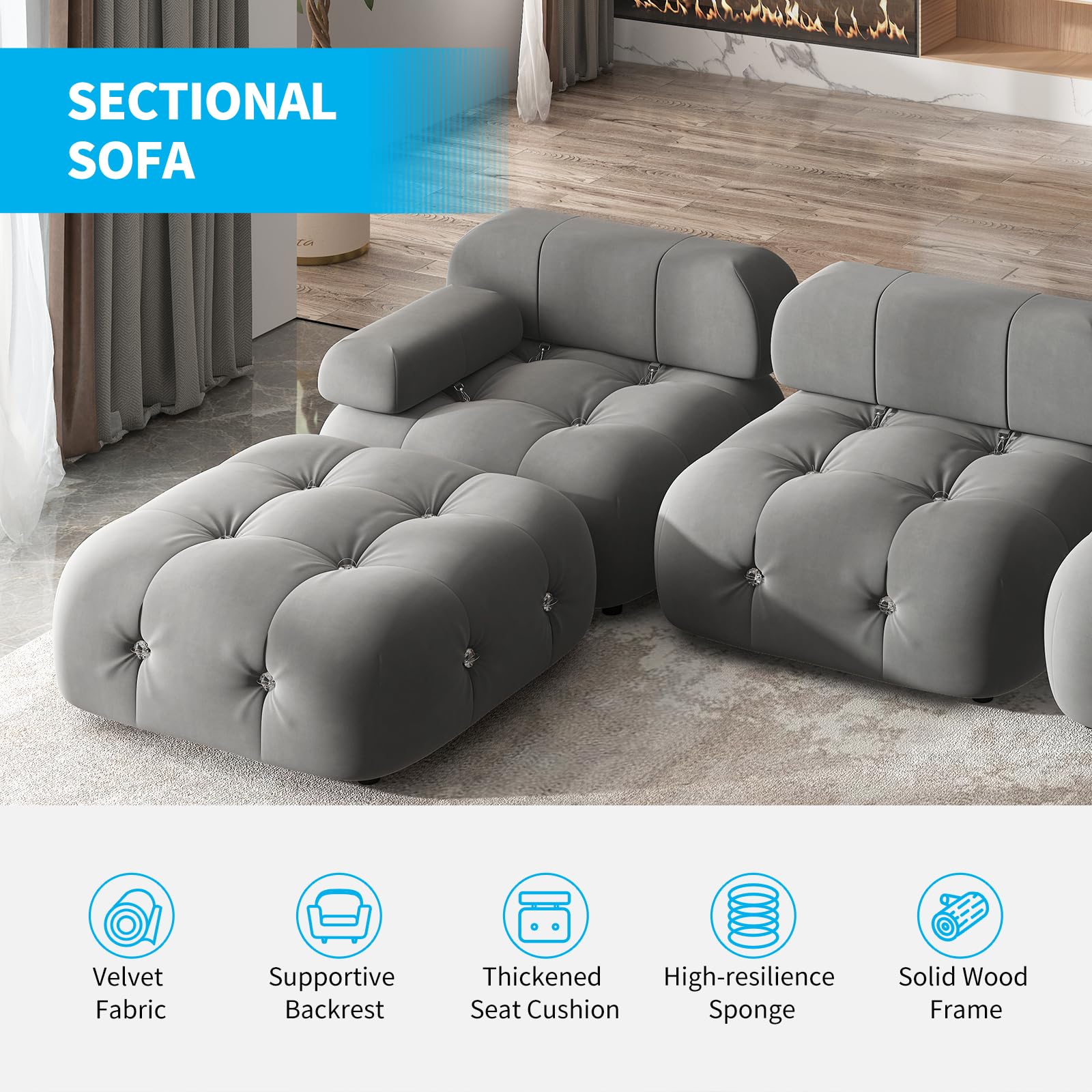 ADOWORE Bubble Sofa Couch for Living Room, 103inch Velvet Modern Sectional Sofa, L Shape Minimalist Modular 4-Seater Sofa Bubble Couch with Ottomans for Office Apartment