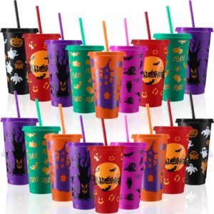 honeydak 24 oz tumbler with straw and lid gifts reusable plastic cups bulk water bottle iced coffee travel mug cup for parties birthdays (halloween patterns,40 pcs)