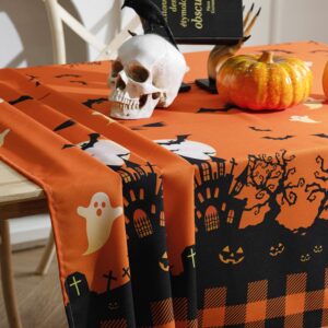 MikiUp Halloween Tablecloth, Castle Ghost Decorative Rectangle Table Cloth, Holiday Fabric Table Cover for Party Picnic Dinner Decor, Orange 60 x 84 Inch