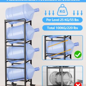 5 Gallon Water Jug Holder, Moveable 4 Tier Heavy Duty Water Rack with 4 Wheels, Rack for Water Jug Storage, Space Saving Water Stand for Four 5 Gallon Water Jugs, Black