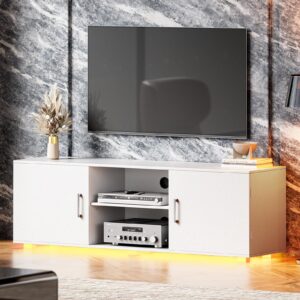 Huuger TV Stand for 55 Inch TV, Entertainment Center with LED Lights, 2 Cabinets, TV Console Media Cabinet with 6 Cable Holes, White TV Stand for Living Room, Bedroom