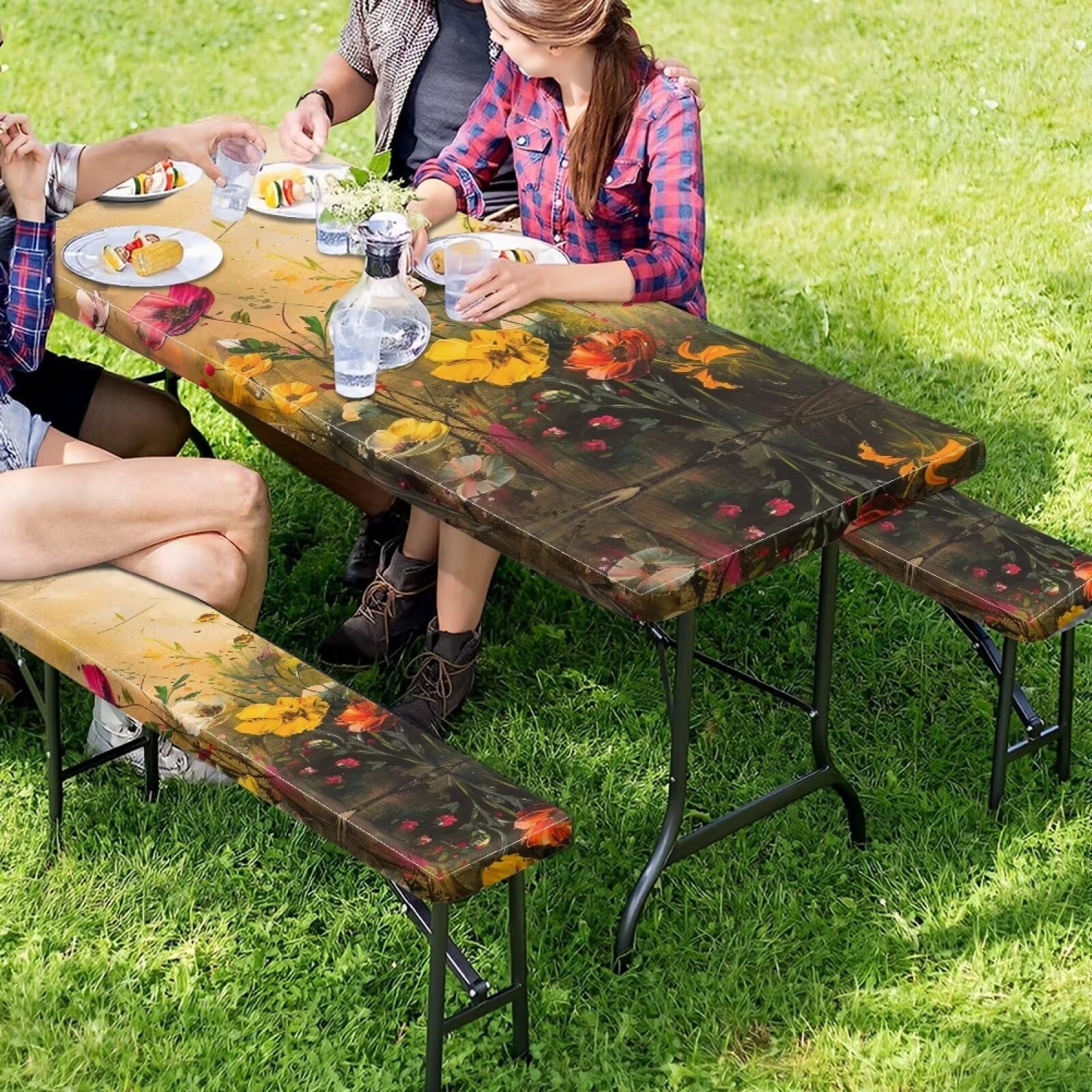 Yuresuaet Floral Paintingh Print Windproof Picnic Table Cover with Bench Covers Set for for Road Trip Camping Gear Accessories 30'' x 94'' Table Cloth 3 in 1