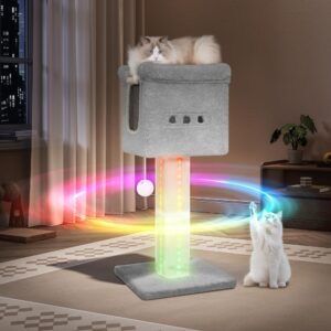 hzuaneri 39-inch cat scratching post tower with bed, cat tower with led light strip, cat scratcher post with woven sisal, condo, pompom, light gray ms99018lg