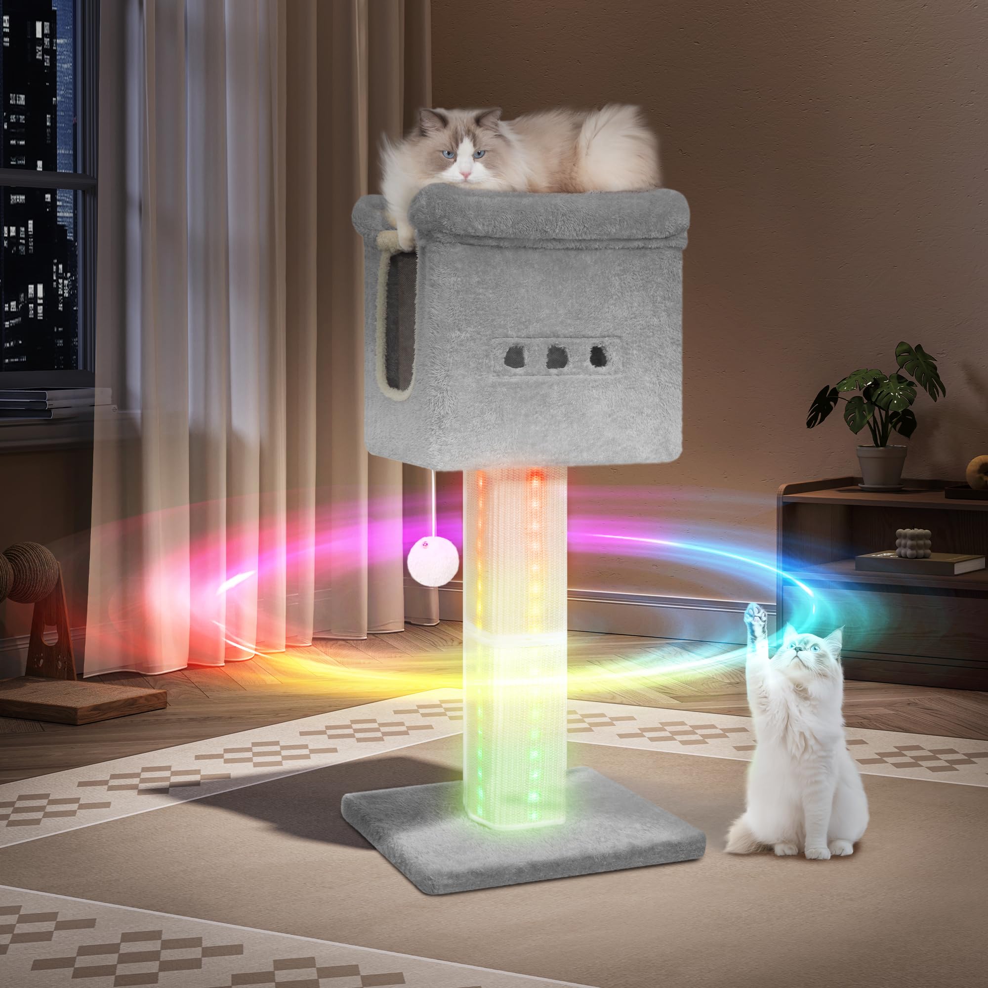 Hzuaneri 39-Inch Cat Scratching Post Tower with Bed, Cat Tower with LED Light Strip, Cat Scratcher Post with Woven Sisal, Condo, Pompom, Light Gray MS99018LG