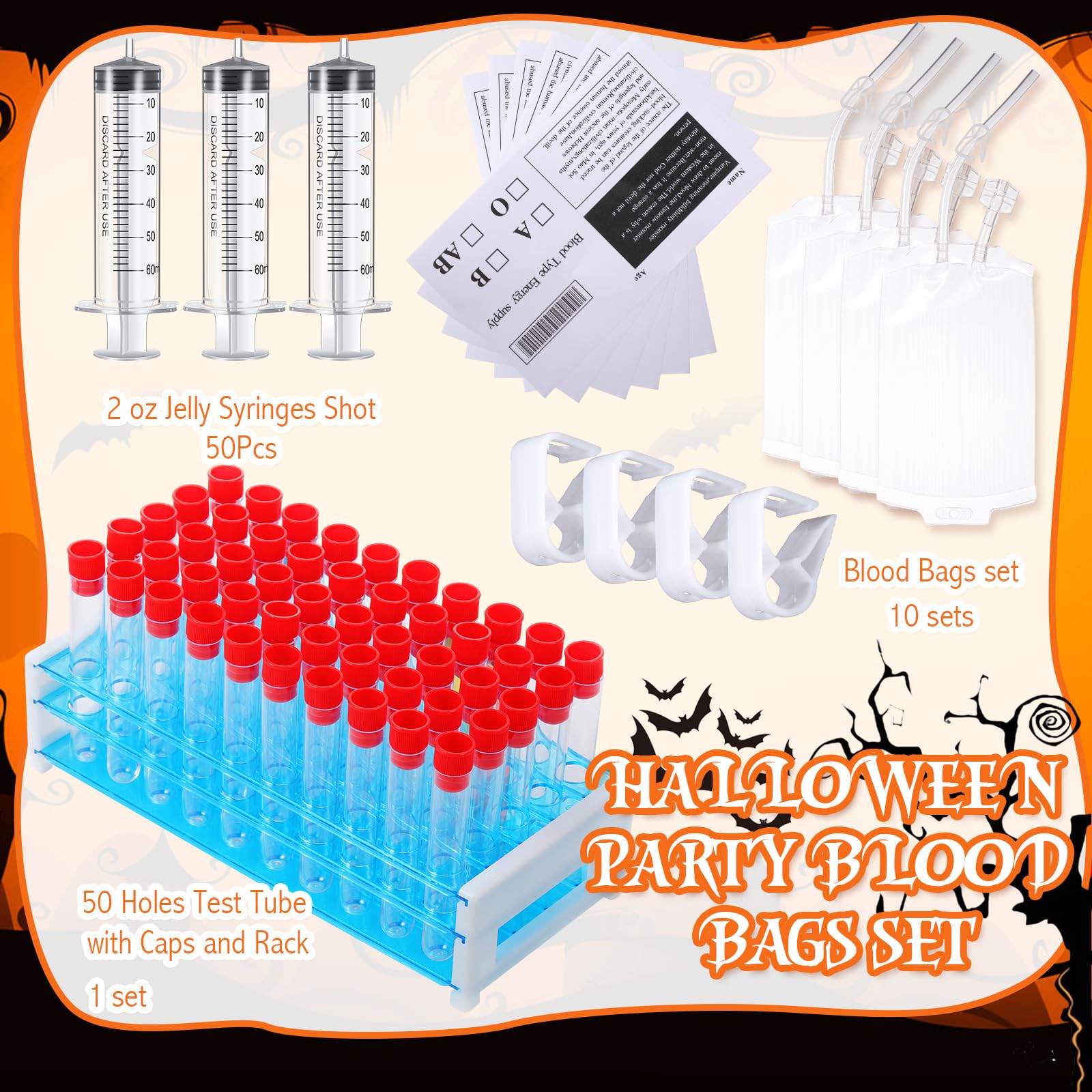 Xuhal Halloween Blood Drink Bags Sets Includes 50pcs 16x100mm Plastic Test Tube with Caps and Holder 50pcs 2oz Jelly Syringes Shot 10pcs Blood Drink Pouches with 10 label and Clip for Nurse Party