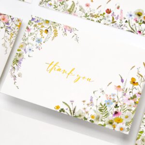 Crisky 4 Assorted Gold Foil WildFlowers Thank You Cards, (50 Cards with Envelopes for Birthday, Baby Shower, Bridal Shower, Wedding, All Occasion)