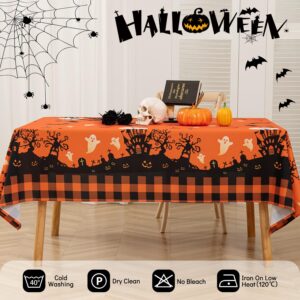 MikiUp Halloween Tablecloth, Castle Ghost Decorative Rectangle Table Cloth, Holiday Fabric Table Cover for Party Picnic Dinner Decor, Orange 60 x 84 Inch