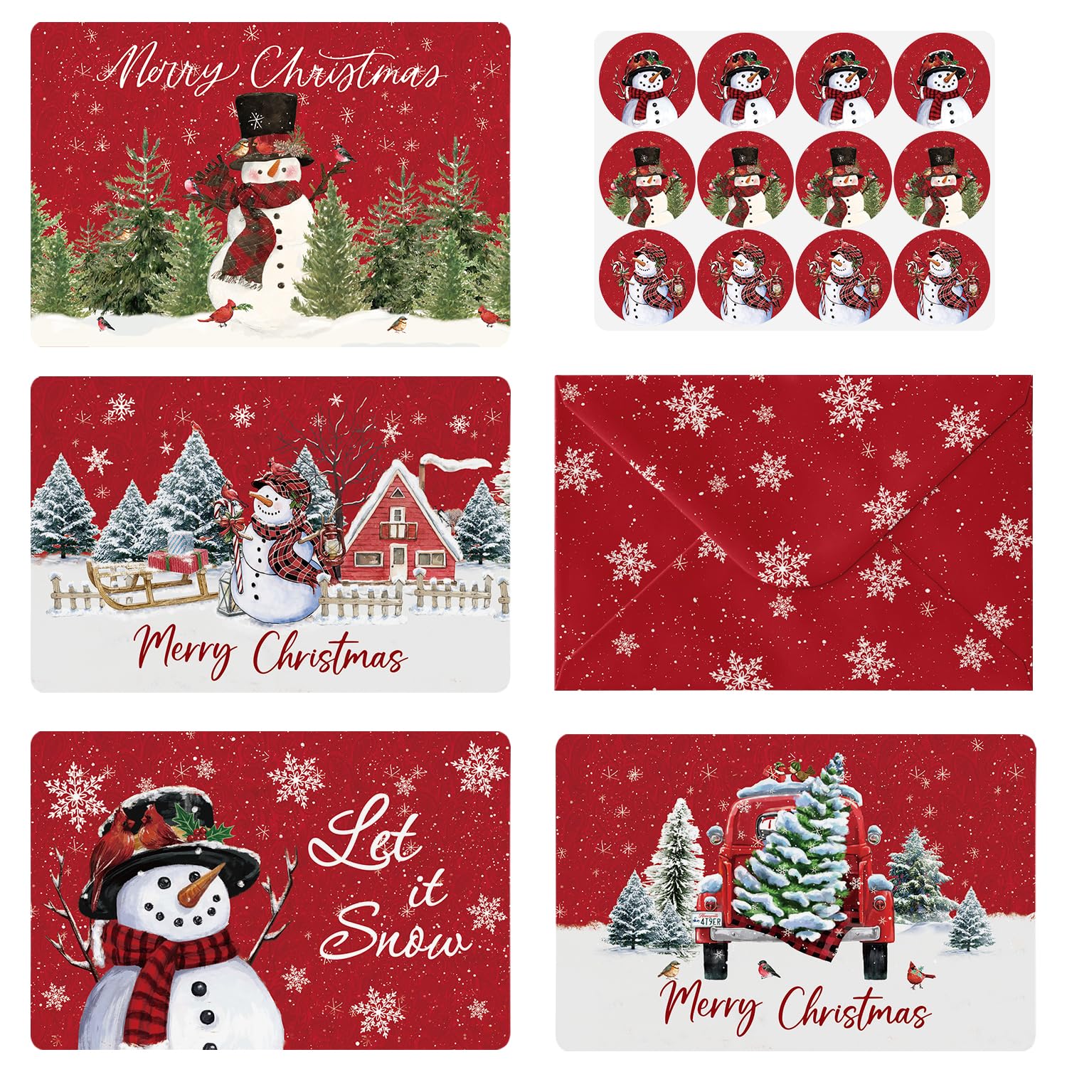 Artoid Mode 36 Pack Merry Christmas Thank You Cards Bird Snowman Truck Xmas Tree Greeting Cards Gift With Envelope Sticker Blank Note Cards for Birthday Wedding Baby Shower Bridal Shower, 5 x 7 Inch