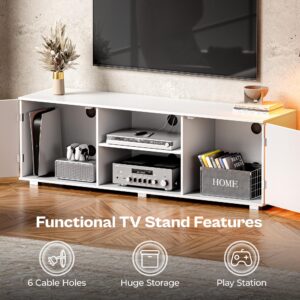 Huuger TV Stand for 55 Inch TV, Entertainment Center with LED Lights, 2 Cabinets, TV Console Media Cabinet with 6 Cable Holes, White TV Stand for Living Room, Bedroom