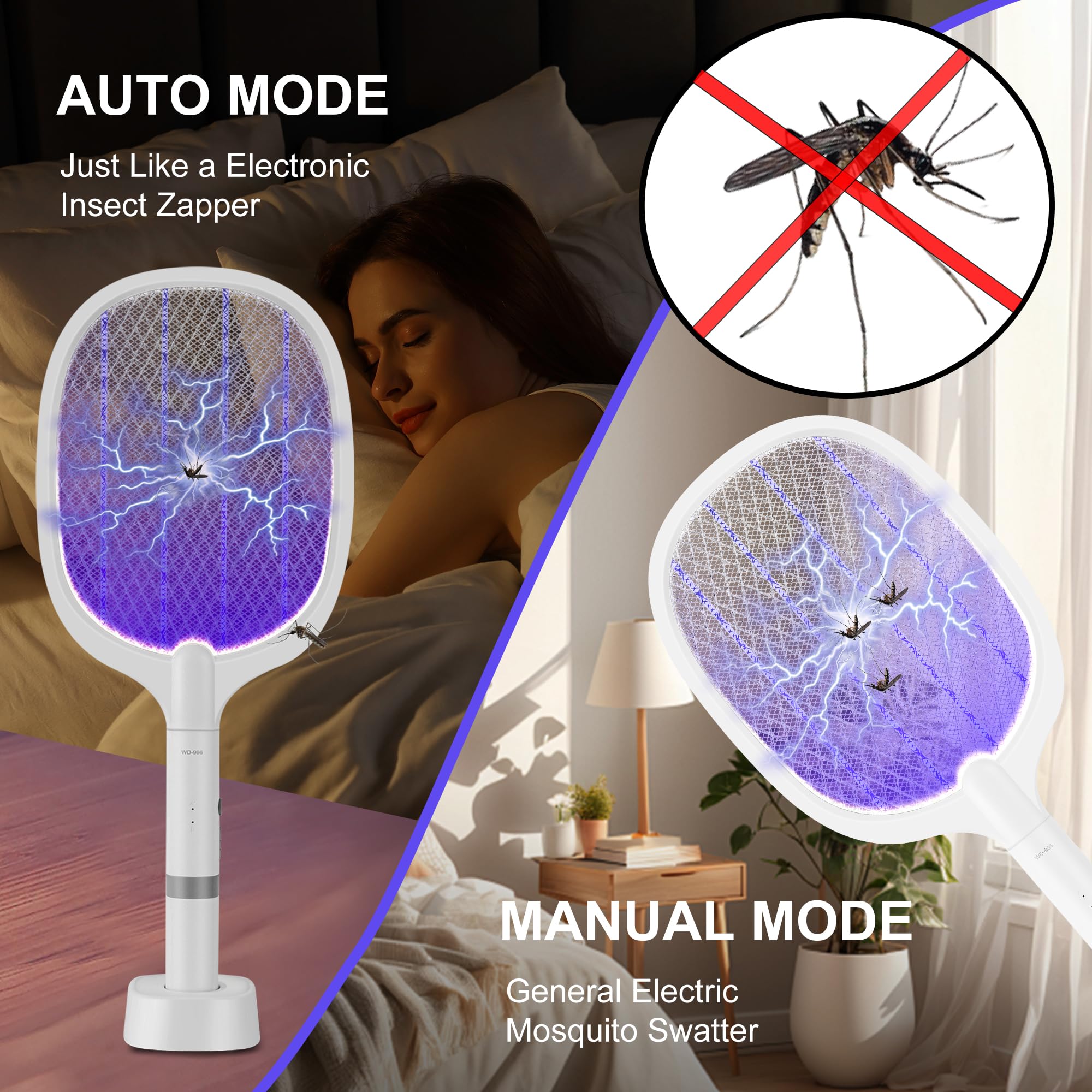 Electric Fly Swatter Rechargeable 4000V High-Volt Bug Zapper Racket, 2-in-1 Detachable Bug Swatter Mosquito Killer with Purple Light & 3-Layer Safety Nets Portable Fly Zapper for Indoor Outdoor