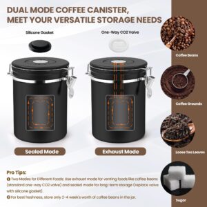 Yupjlia Coffee Canister, Premium 22OZ Large Stainless Steel Coffee Bean Storage Container with Airtight Lids, Elegant Black Coffee Grounds Container with Data Tracker and Scoop for Tea, Sugar, Flour