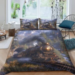 YYANQIN Steam Train Bedding Set, 3D Printing 3 Piece Sets Quilt Cover Soft Microfibre Quilt Cover with Pillowcases and Zipper Closure for Home Decor Bed Twin（173x218cm）