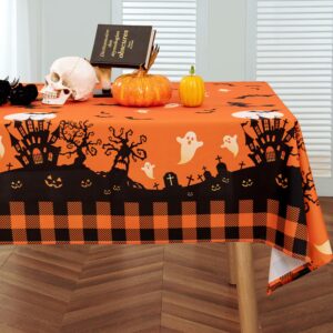 mikiup halloween tablecloth, castle ghost decorative rectangle table cloth, holiday fabric table cover for party picnic dinner decor, orange 60 x 84 inch