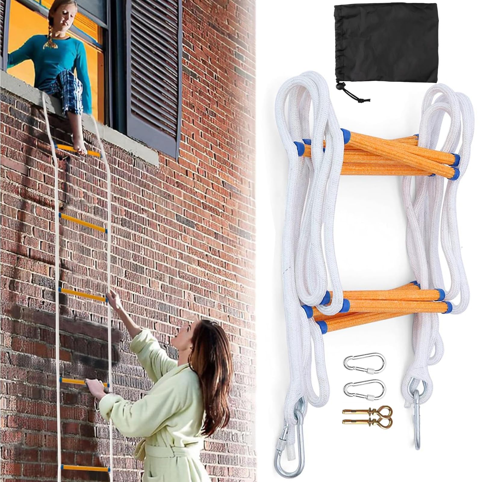 Emergency Fire Escape Rope Ladder Flame Resistant Emergency Fire Safety Evacuation Ladder Fast to Deploy Sturdy & Strong Portable and Reusable(16F/5M)