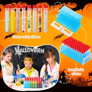 Xuhal Halloween Blood Drink Bags Sets Includes 50pcs 16x100mm Plastic Test Tube with Caps and Holder 50pcs 2oz Jelly Syringes Shot 10pcs Blood Drink Pouches with 10 label and Clip for Nurse Party