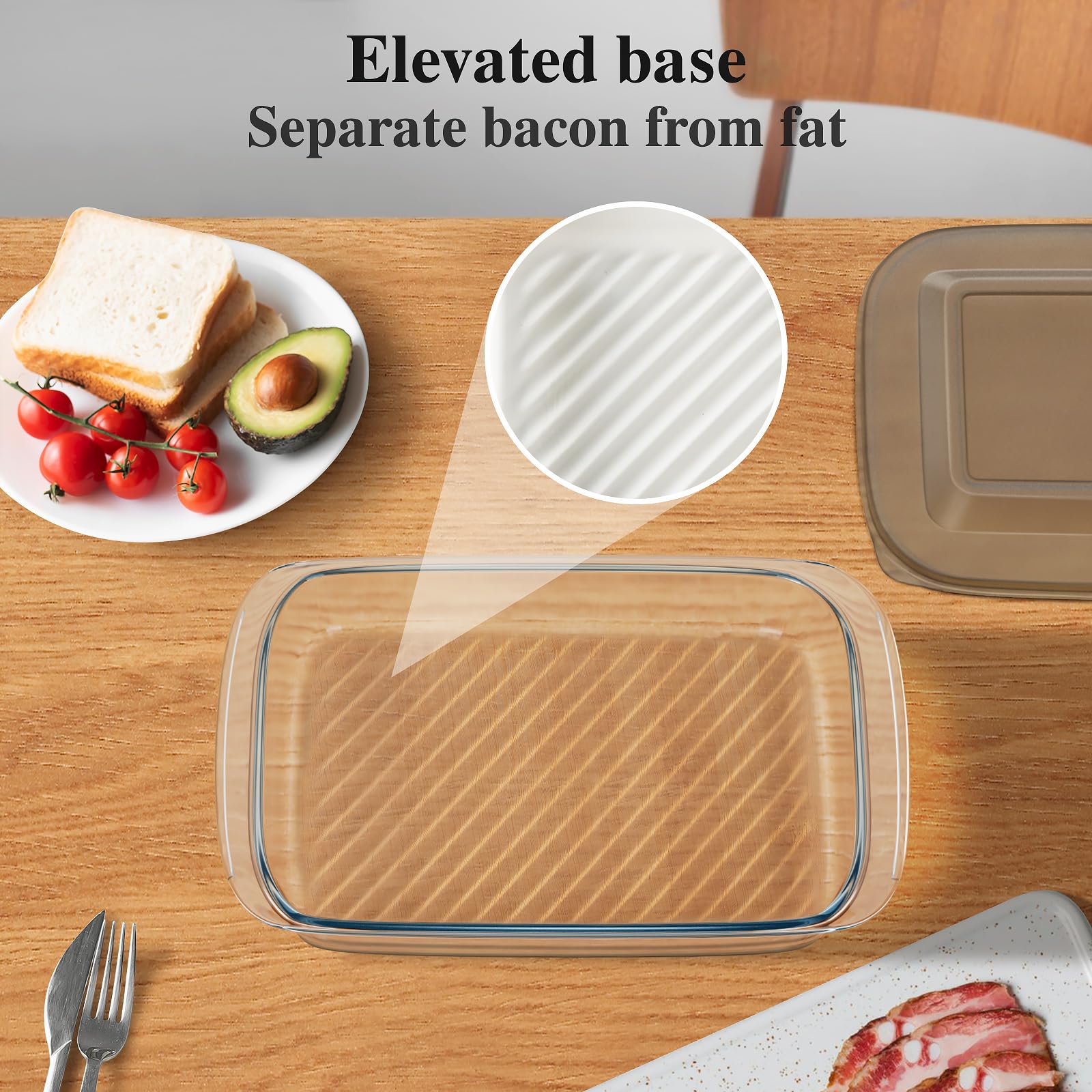 Microwave Bacon Cooker with Cover，Glass Airtight Bacon Container Keep for Refrigerator BPA Free Dishwasher and Microwave Oven Safe Refrigerator Organizers and Storage for Cheese lunchmeat Pizza Cooker