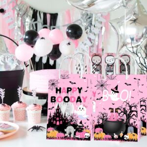 Lecheme Pink Halloween Paper Bags 24 PCS Happy Booday Halloween Candy Bags Halloween Treat Bags for Candy Trick Or Treat Birthday Gift Bags Halloween Party Favors