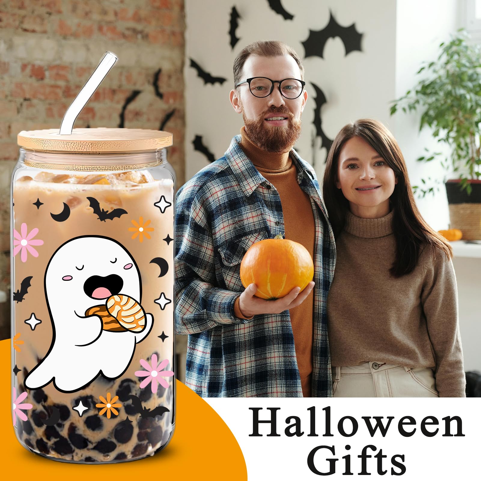 KIKUHE Halloween Ghost Iced Coffee Glass Cups, 16oz Cute Floral Ghost Glass Cups with Lids and Straws, Halloween Gifts, Cute Spooky Gifts for Her, Spooky Halloween Tumbler Mug for Women Girls Kids