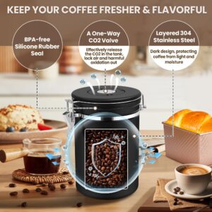 Yupjlia Coffee Canister, Premium 22OZ Large Stainless Steel Coffee Bean Storage Container with Airtight Lids, Elegant Black Coffee Grounds Container with Data Tracker and Scoop for Tea, Sugar, Flour