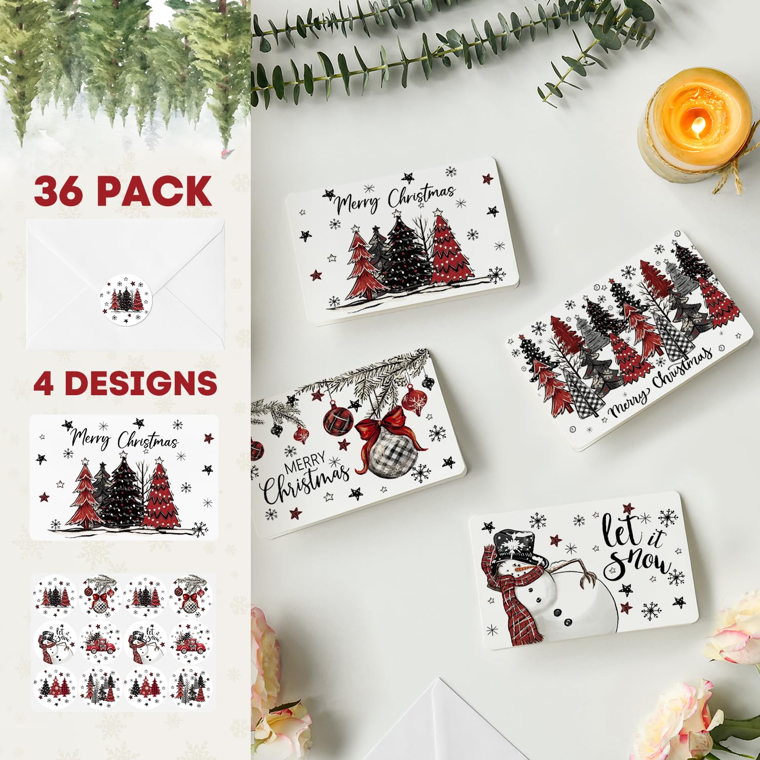 Artoid Mode 36 Pack Merry Christmas Thank You Cards Snowman Xmas Ball Tree Greeting Cards Gift With Envelope Sticker Blank Note Cards for Birthday Wedding Baby Shower Bridal Shower, 4 x 6 Inch