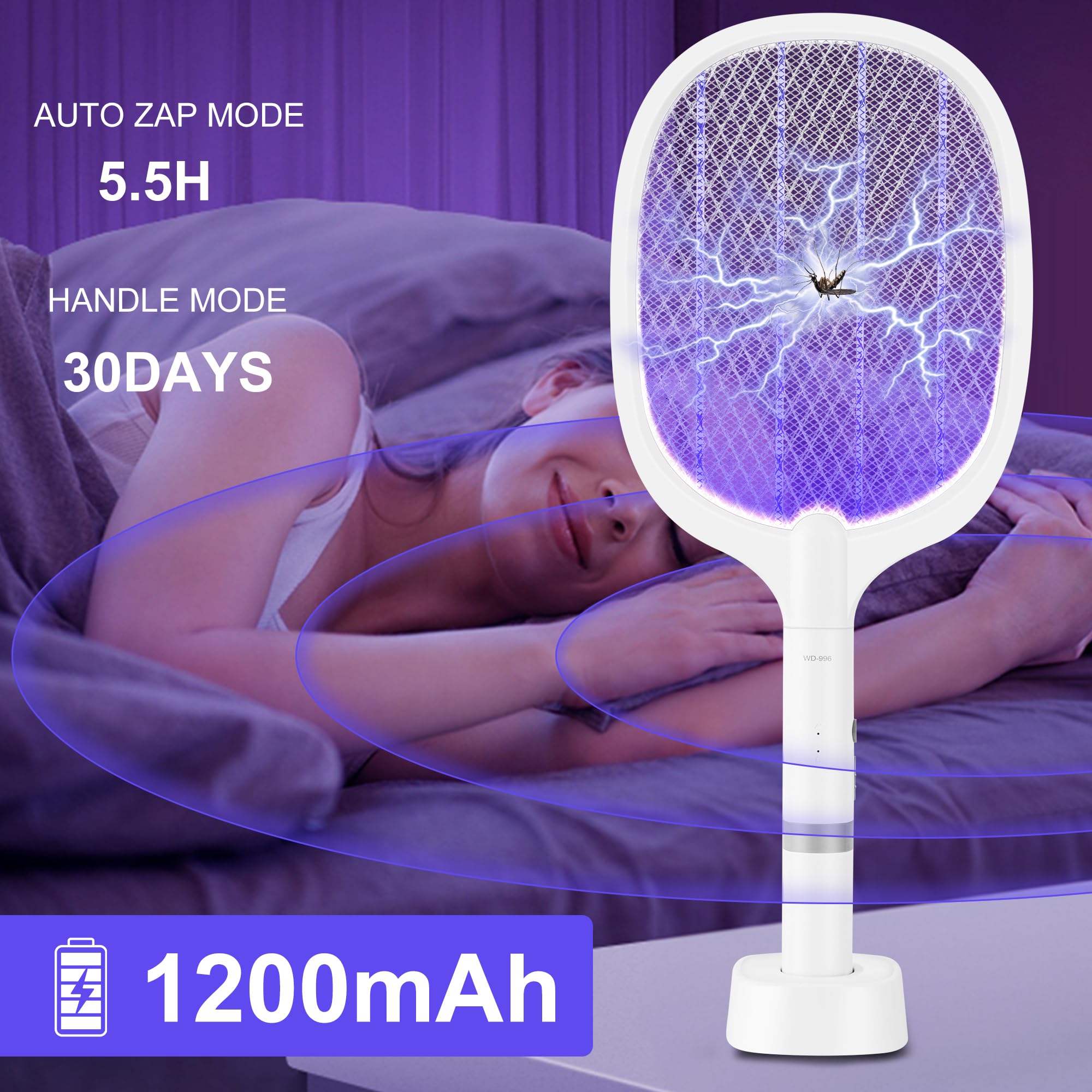 Electric Fly Swatter Rechargeable 4000V High-Volt Bug Zapper Racket, 2-in-1 Detachable Bug Swatter Mosquito Killer with Purple Light & 3-Layer Safety Nets Portable Fly Zapper for Indoor Outdoor