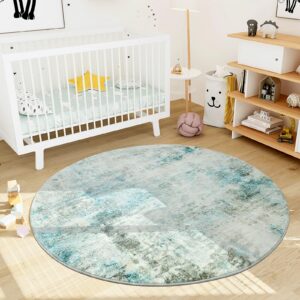 Asrug Large Teal Round Rug 6ft, Abstract Circle Rugs for Living Room Non-Slip Machine Washable Round Area Rug for Kitchen Bedroom Nursery Dining Room, Modern Soft Throw Floor Carpet Low Pile