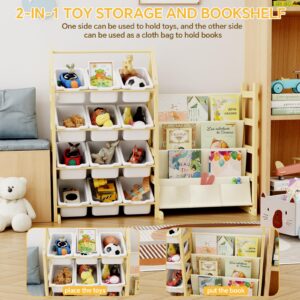 Oenalw Wooden Toy Storage Organizer Kids Bookshelf, with 12 Toy Organizer Bins, Child Book Shelf for Kids Rooms, Nursery, Baby Room, Playroom, Montessori Toys Storage Organizers Rack Bookcase Shelves