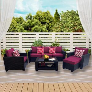 7 Piece Outdoor Patio Furniture Sets, Apartment Patio Furniture, Pe Vine Willow Soft Cushion Sofa Set with Coffee Table, Suitable for Gardens, Backyards, Poolside, Red