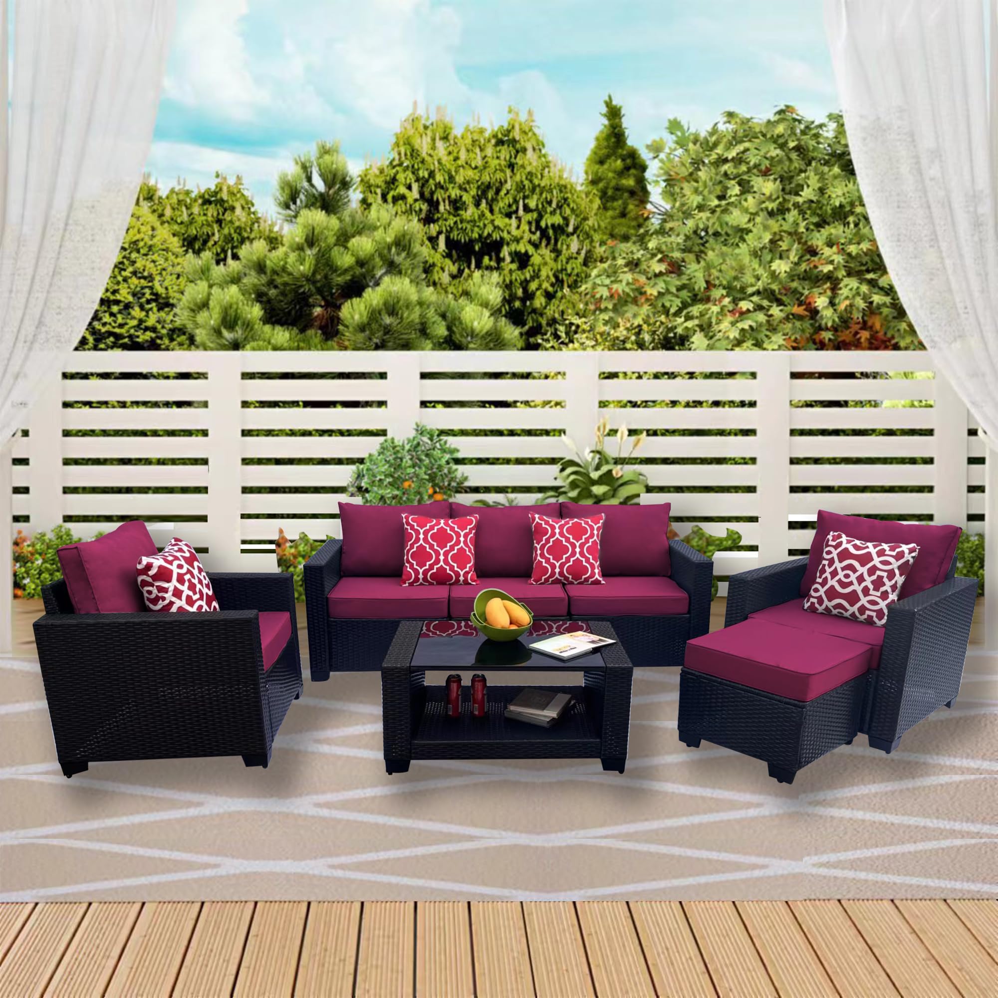 7 Piece Outdoor Patio Furniture Sets, Apartment Patio Furniture, Pe Vine Willow Soft Cushion Sofa Set with Coffee Table, Suitable for Gardens, Backyards, Poolside, Red