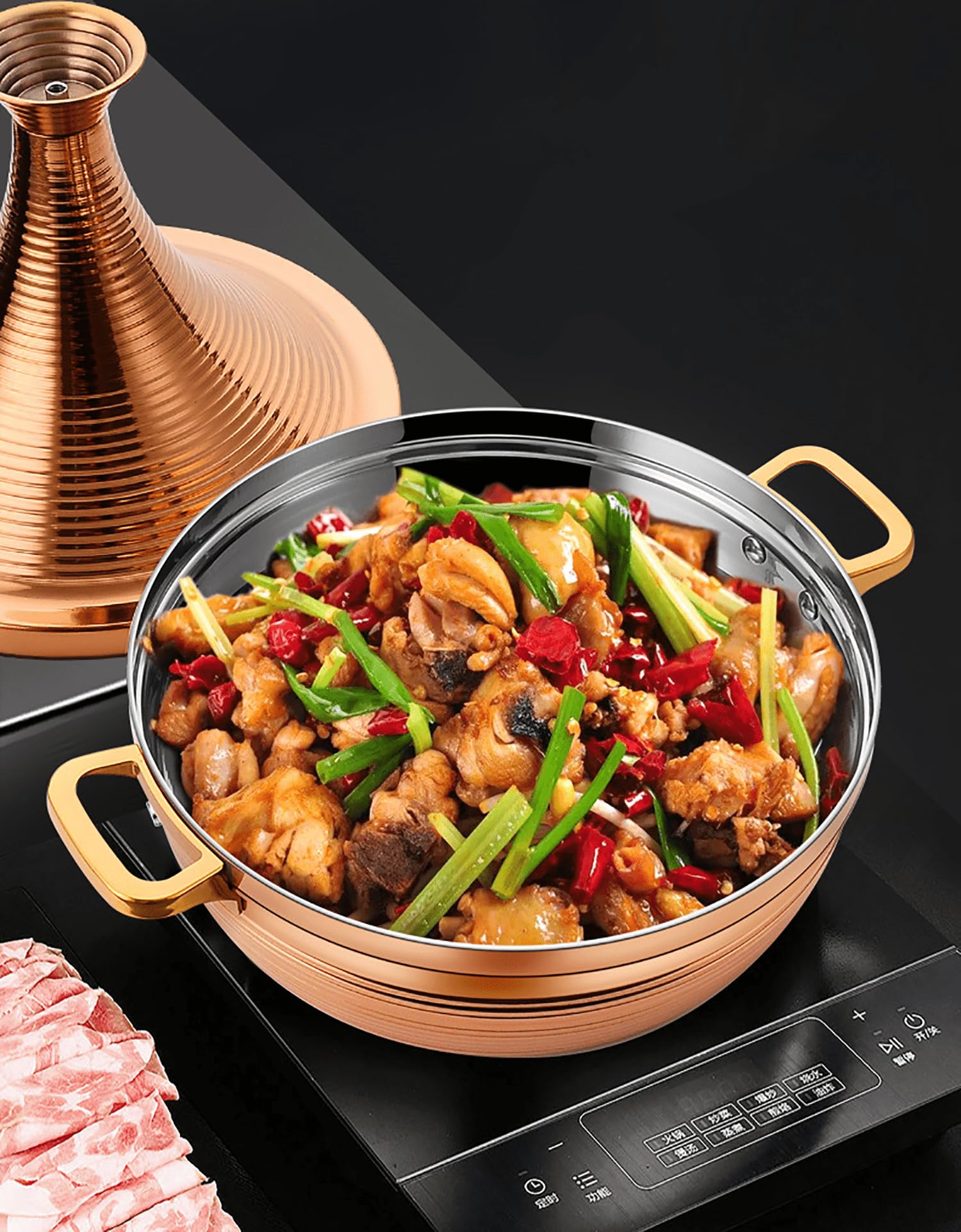 DAOUXIAOSP 304 Stainless Steel Moroccan Tagine Pot,Non Stick Tagine Stainless Steel Tower Stew Dry Pot Non-stick Slow Cooker Seafood High Lid Pan Electromagnetic Cooker Moroccan Tajine Casserole,Gold,