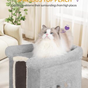 Hzuaneri 39-Inch Cat Scratching Post Tower with Bed, Cat Tower with LED Light Strip, Cat Scratcher Post with Woven Sisal, Condo, Pompom, Light Gray MS99018LG