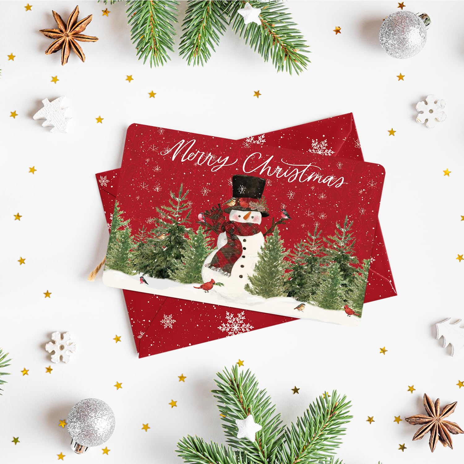 Artoid Mode 24 Pack Merry Christmas Thank You Cards Bird Snowman Xmas Tree Greeting Cards Gift With Envelope Sticker Blank Note Cards for Birthday Wedding Baby Shower Bridal Shower, 4 x 6 Inch